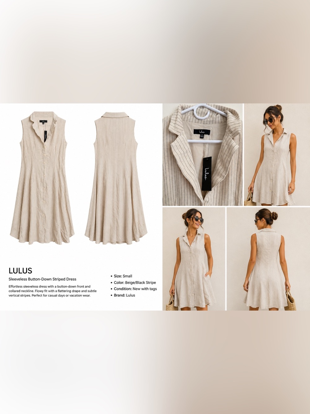Lulu's Beige Striped Sleeveless Button-Front Midi Dress